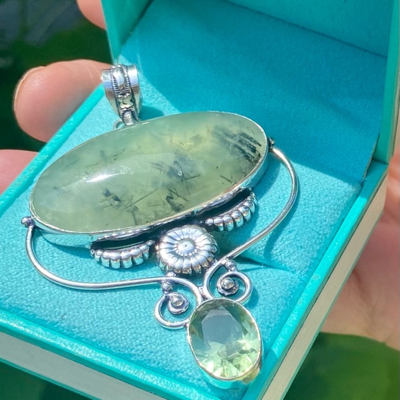 Prehinite, Green Amethyst & Sterling Silver Handcrafted Pendant 3” - Picture 5 of 6